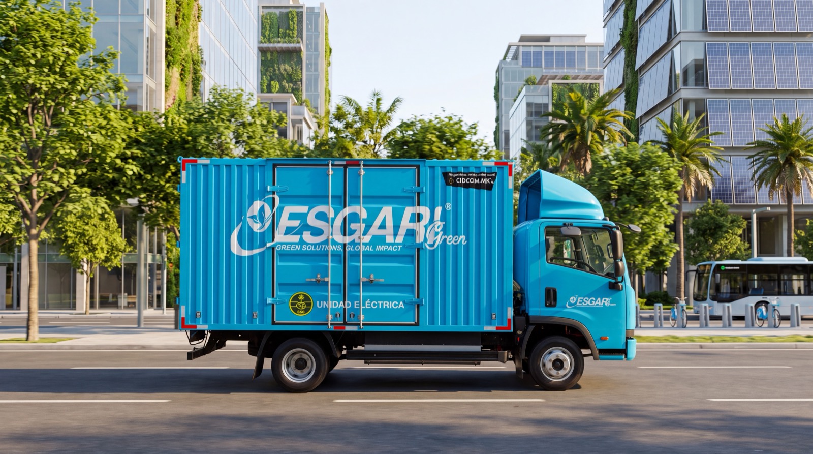 Unidad eléctrica ESGARI Green circulando por una avenida arbolada