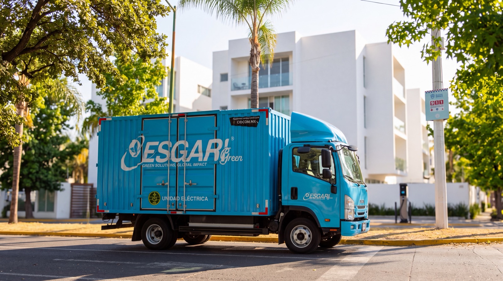 Unidad eléctrica ESGARI Green estacionada en una calle con palmeras