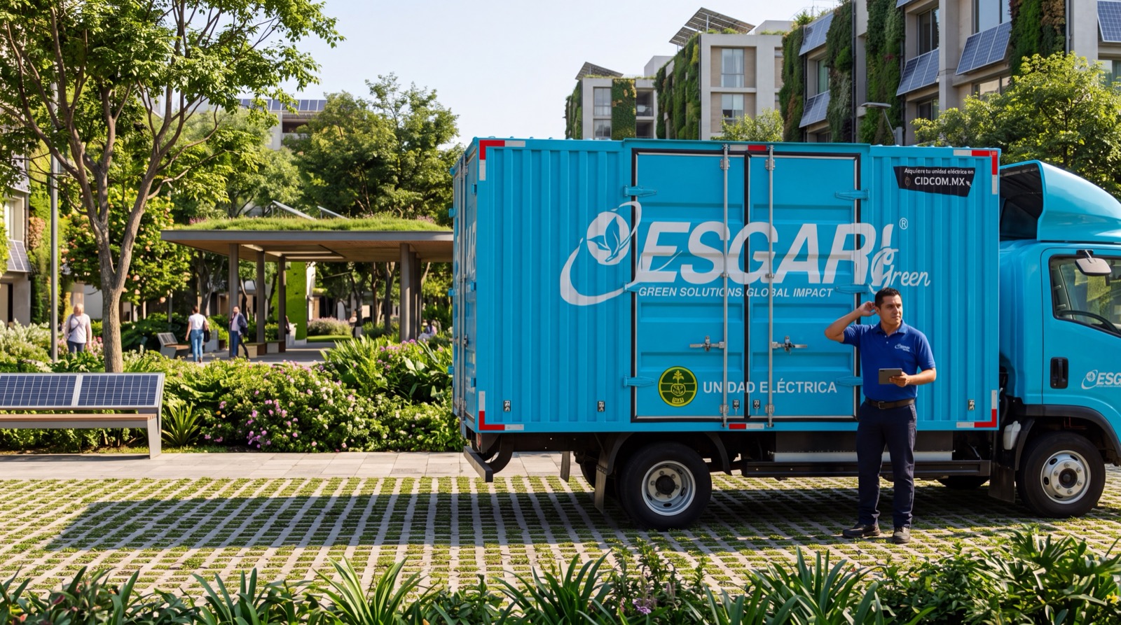 Operador ESGARI Green junto a la unidad eléctrica en una plaza con paneles solares