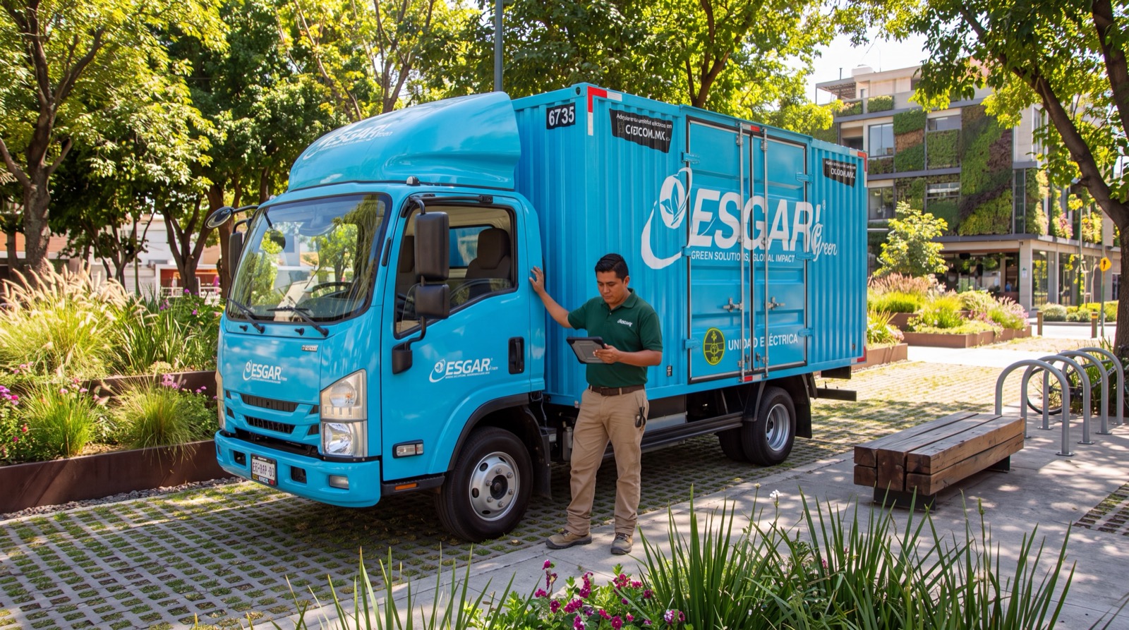 Operador ESGARI Green revisando una tableta junto a la unidad eléctrica